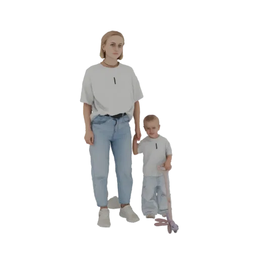 3D модель матери, держащей за руку ребенка, который держит игрушечный самокат, на белом фоне.
