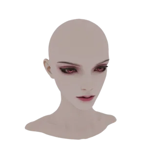 3D модель бледнокожей кукольной головы с драматичным темным макияжем и пронзительными красными глазами, представленная на бел