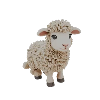 3D модель милого барашка из полимерной глины с кудрявой шерстью, сидящего на задних лапках