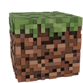 3D модель блока травы из Minecraft, показывающая зеленую траву сверху и коричневую землю по бокам, с пиксельной текстурой.