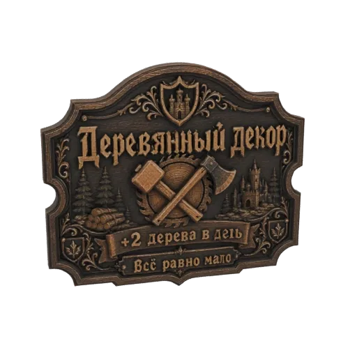 3D модель деревенской деревянной таблички с резными замками, лесом, инструментами и русским текстом.
