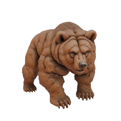 3D модель мускулистого бурого медведя с детализированной текстурой меха, в мощной, наступательной позе.