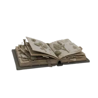 3D модель открытого древнего гримуара травника с засушенными растениями и состаренными страницами на черном фоне.