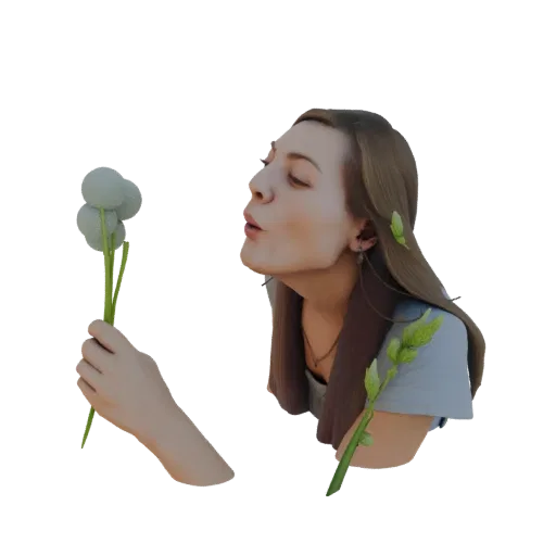 3D модель женщины с длинными каштановыми волосами, дующей на одуванчик и рассеивающей его семена.