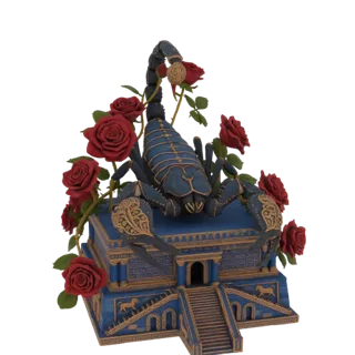 3D модель синего трона с детализированным скорпионом и красными розами, с древнеегипетскими мотивами.