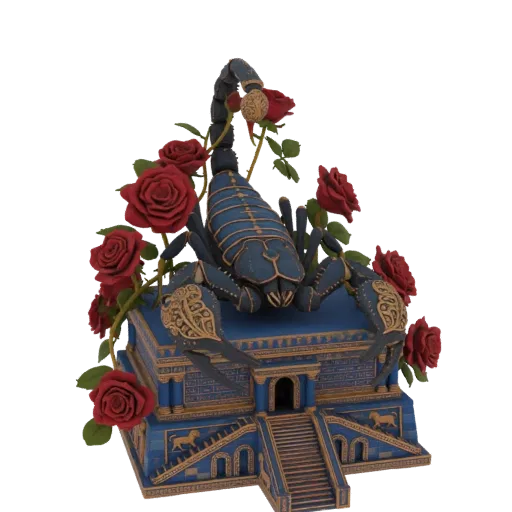 3D модель синего трона с детализированным скорпионом и красными розами, с древнеегипетскими мотивами.