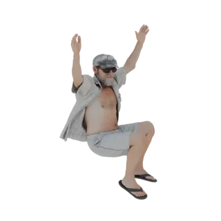 3D модель мужчины, сидящего с поднятыми руками, одетого в легкую рубашку, шорты и шлепанцы, на белом фоне.