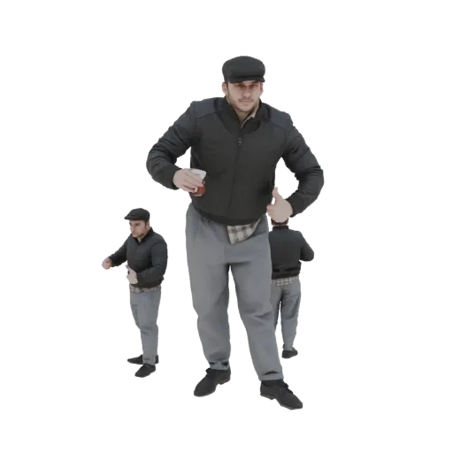 3D модель мужчины в черной куртке и серых брюках, держащего чашку чая и показывающего "класс".