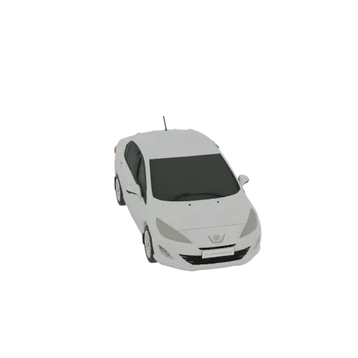 3D рендер белого Peugeot 308 хэтчбек, вид сверху под небольшим углом на белом фоне.