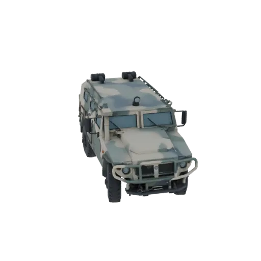 3D-модель бронированного автомобиля с камуфляжем, прочный военный дизайн, вид спереди-сбоку.