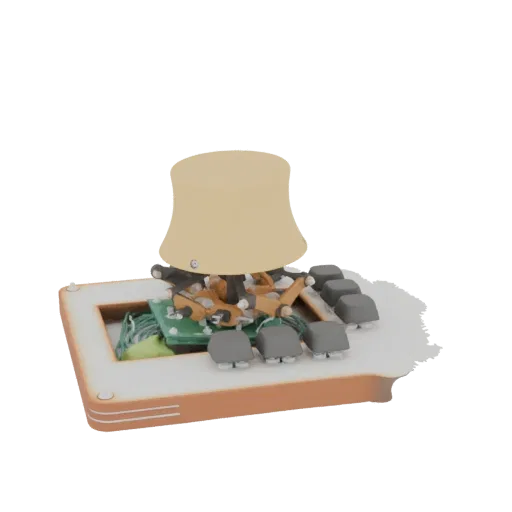 3D модель стилизованной атомной градирни на детализированной печатной плате с оранжевым основанием.