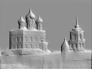 3D модель барельефа православной церкви с куполами и высокой колокольни