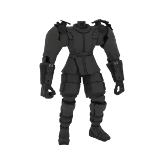 Темная футуристическая броня меха 3D модель без головы, стоящая прямо с детализированной сегментированной обшивкой на торсе,