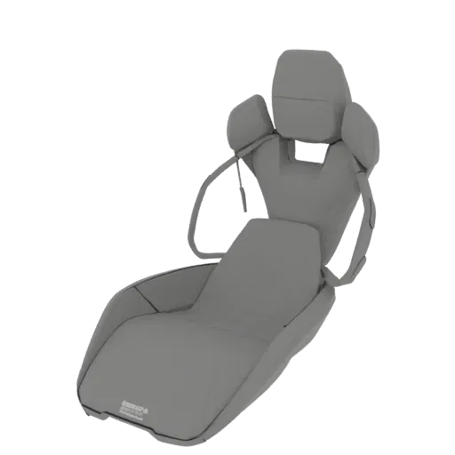 3D модель серого эргономичного гоночного кресла с высокой спинкой и интегрированным подголовником, вид с трех четвертей.