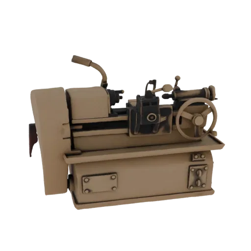 3D модель винтажного токарного станка с состаренной металлической отделкой, показывающая переднюю бабку, суппорт и маховик.