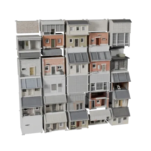 3D модель городского блока, готовая к использованию в Blender, вид студийного рендера Blender, показывающий материалы модульн