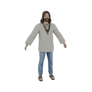 3D модель Иисуса Христа, стоящего с слегка раскинутыми руками, одетого в светлую тунику, синие джинсы и сандалии.