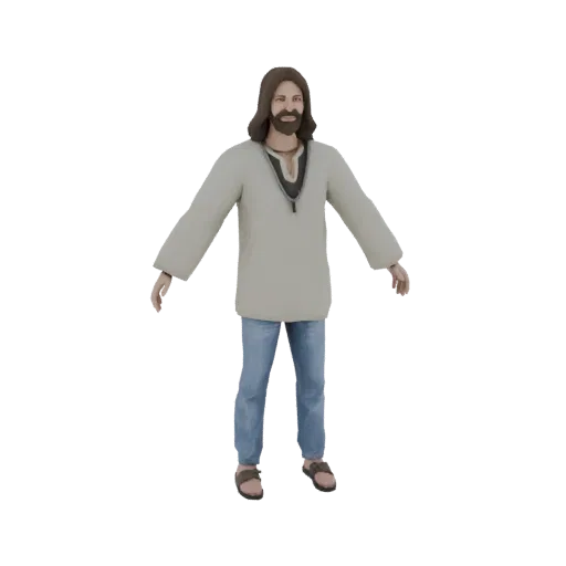 3D модель Иисуса Христа, стоящего с слегка раскинутыми руками, одетого в светлую тунику, синие джинсы и сандалии.