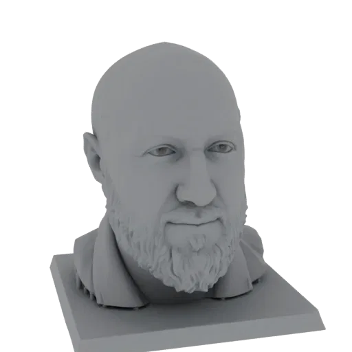 Рендер 3D модели бюста лысого мужчины с детализированной бородой, слегка повернут вправо, на квадратном основании.