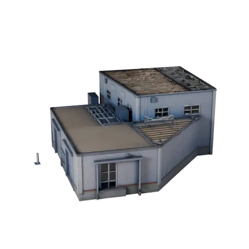 Модульный склад Комплект стилизованный 3D модель, изометрический стилизованный вид игрового окружения, показывающий материалы