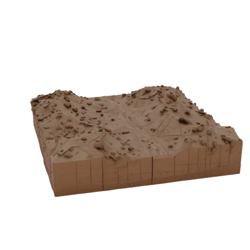 Печатаемая 3D-модель грязевого поля боя, изометрический рендер STL для настольных игр, показывающий слои почвы, детали рельеф