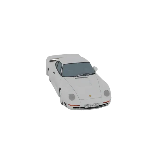 3D рендер белого спорткара Porsche 959, вид с немного приподнятого передне-левого угла на черном фоне.