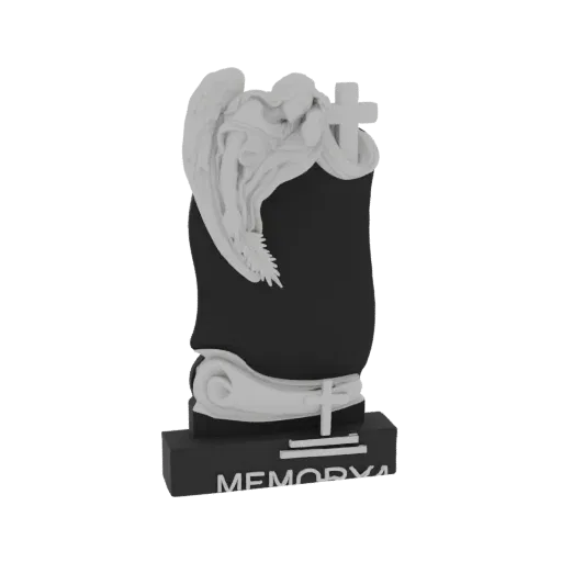 3D модель белого памятника ангелу с крестом на темном основании с надписью 'MEMORYA'