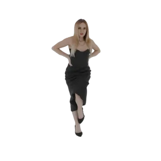 3D модель женщины с светлыми волосами в черном платье без бретелек и черных туфлях на высоком каблуке, позирующей с руками на