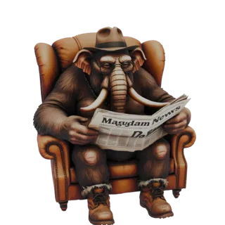3D-модель пушистого мамонта в шляпе, сидящего в коричневом кресле и читающего газету.