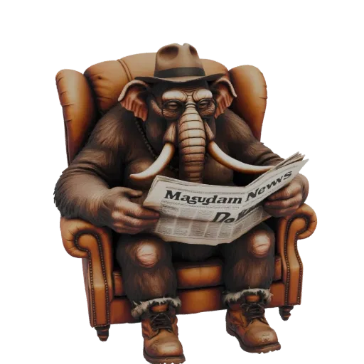 3D-модель пушистого мамонта в шляпе, сидящего в коричневом кресле и читающего газету.