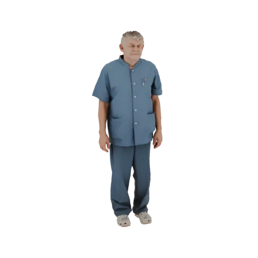 3D модель пожилого врача с седыми волосами, в синем костюме, стоящего с ручкой в кармане.