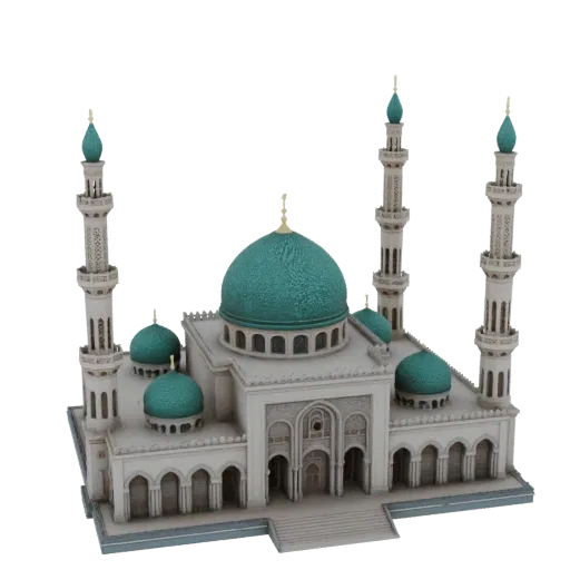 3D модель мечети с бирюзовыми куполами и минаретами, выполненная в классическом стиле