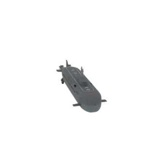 3D-рендер современной серой подводной лодки с элегантным корпусом и рубкой, вид под небольшим углом.