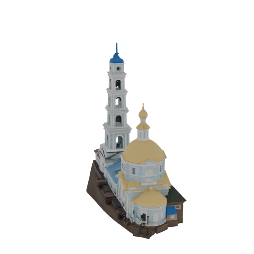 3D модель светло-голубой православной церкви с высокой белой колокольней, увенчанной синим шпилем и золотым куполом.
