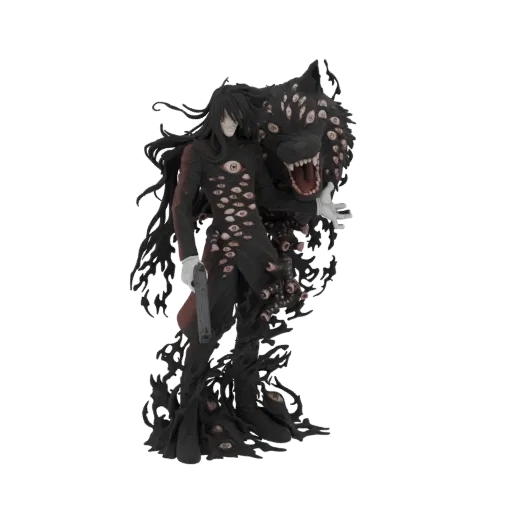 3D модель Алукарда из Hellsing в черном костюме с глазами, рядом с монструозной Адской Гончей, коллекционная фигурка в стиле
