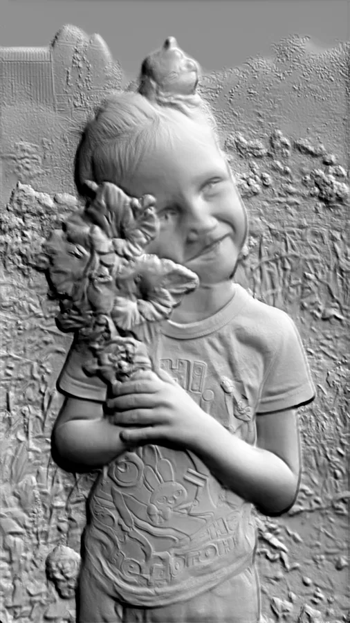 3D модель барельефа улыбающейся девочки с букетом цветов и короной на голове, выполненная в реалистичном стиле.