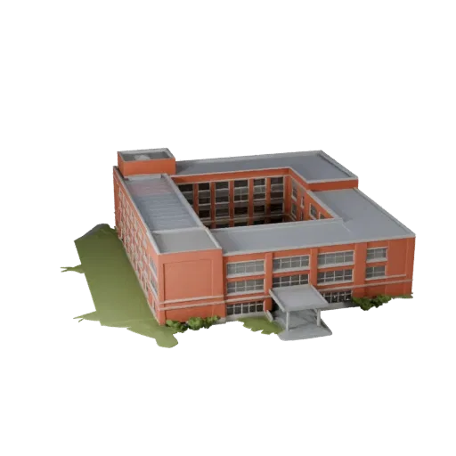Низкополигональная 3D модель здания школы, готовый игровой экстерьер, показывающий материалы общедоступного здания и архитект