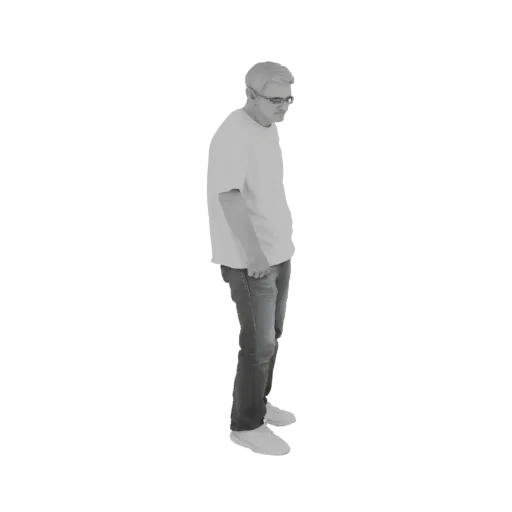 3D модель мужчины в очках и джинсах, стоящего и смотрящего вниз, с нейтральным выражением лица.