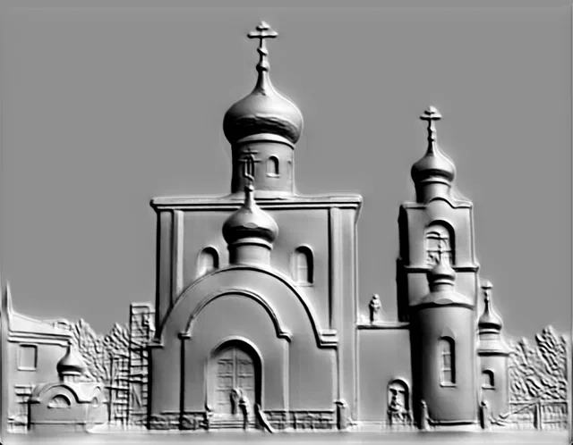 3D модель барельефа православной церкви с куполами, вид спереди