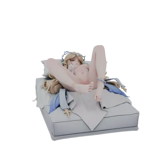 3D модель элегантной фигурки богини с длинными светлыми волосами, возлежащей на детализированной кровати с синими акцентами,