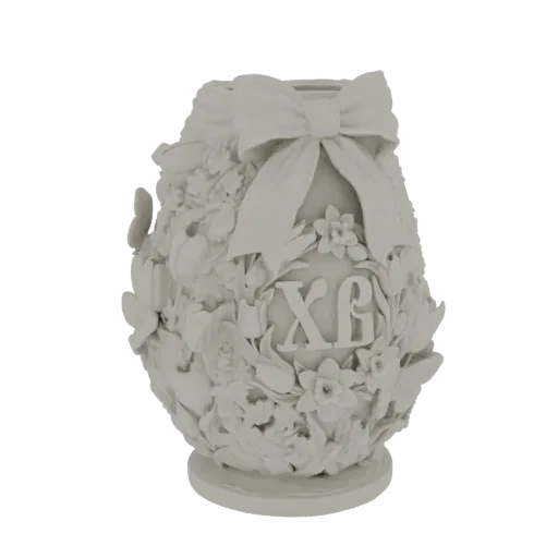 3D модель пасхального яйца с декоративным бантом и изящным цветочным рельефом с бабочками, представленная в нейтральном матовом цвете.