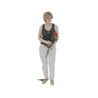 Рендер 3D модели женщины со светлыми волосами, в темном топе и белых брюках, держащей красную розу.