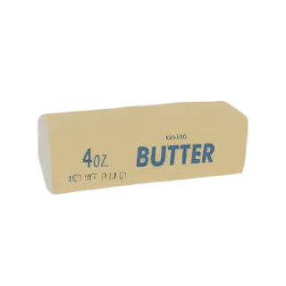 Рендер 3D модели пачки масла светло-коричневого цвета с синим текстом '4oz BUTTER' на обертке на черном фоне.