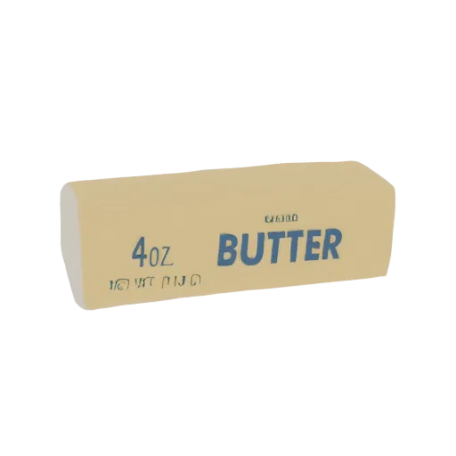 Рендер 3D модели пачки масла светло-коричневого цвета с синим текстом '4oz BUTTER' на обертке на черном фоне.