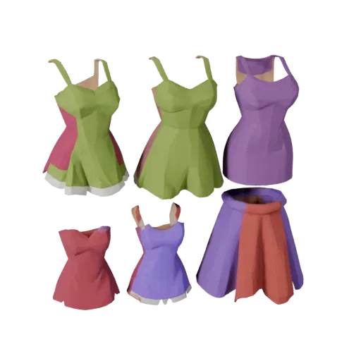 Готовая к игре 3D-модель мини-платья, рендер в студии спереди-три четверти, демонстрирующий силуэт одежды и контраст поверхно