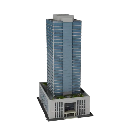 Стеклянный небоскреб, готовая к использованию в Blender 3D модель, вид рендера студии Blender, показывающий материалы коммерч