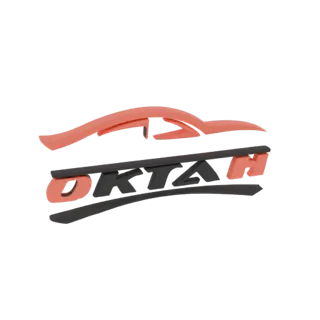 3D рендер логотипа автомобиля OKTAH с коралловым силуэтом автомобиля над рельефным темно-серым текстом 'OKTAH'.