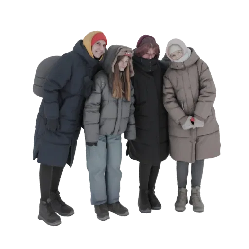 3D модель семьи из четырех человек в зимних пальто и шапках, стоящих вместе.