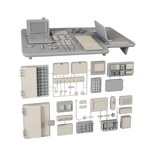 Модульная 3D-модель стартового блокнота, изометрический вид модульного набора, показывающий пластиковые силуэты настольного р