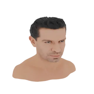 3D рендер реалистичного мужского бюста с темными волосами и нейтральным выражением лица, изолированный на белом фоне.